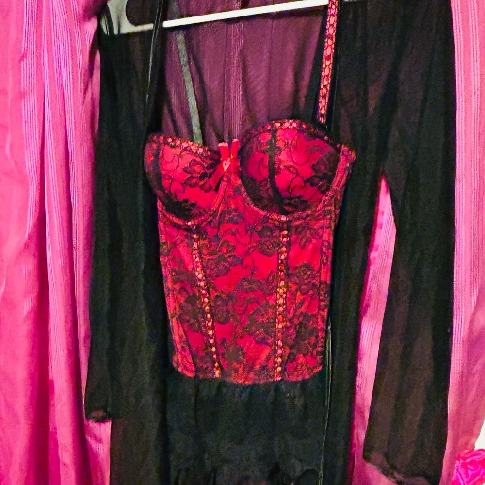 Red and black corset lingerie w/ black robe
